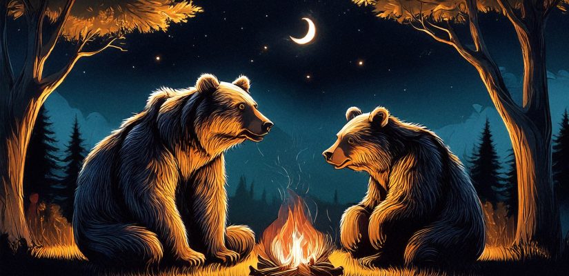 Bears sitting at night under the trees around a campfire with two people fantasy art (сгенерировано Adobe Firefly AI)