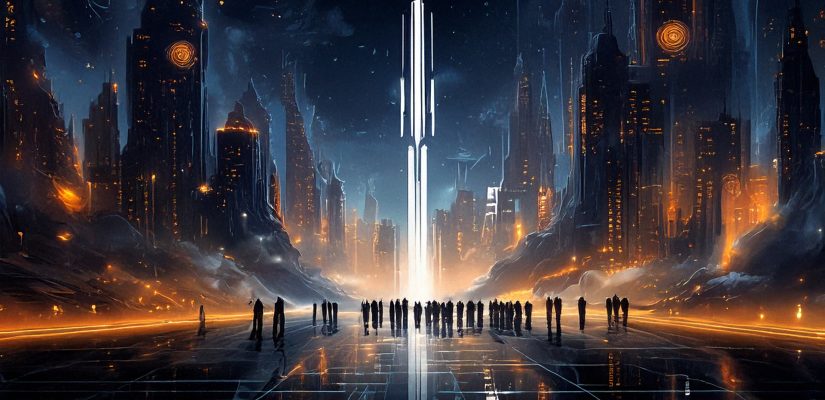 A line of people heads towards a huge, city-sized computer fantasy art (сгенерировано Adobe Firefly AI)