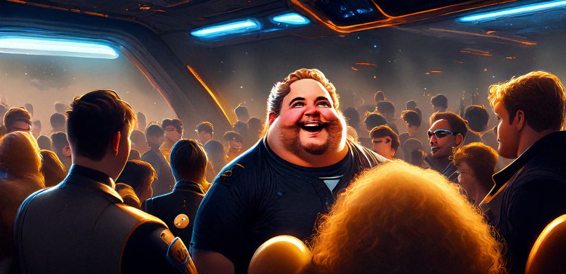 A crowd of people are standing inside a starship and listening to a fat man fantasy art (сгенерировано Adobe Firefly AI)