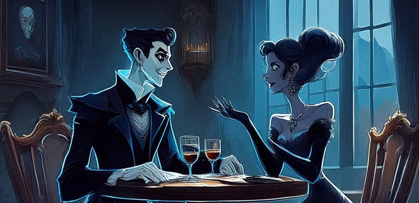 Vampire and a rerporter female are talking sitting in a restaurant fantasy art (сгенерировано Adobe Firefly AI)