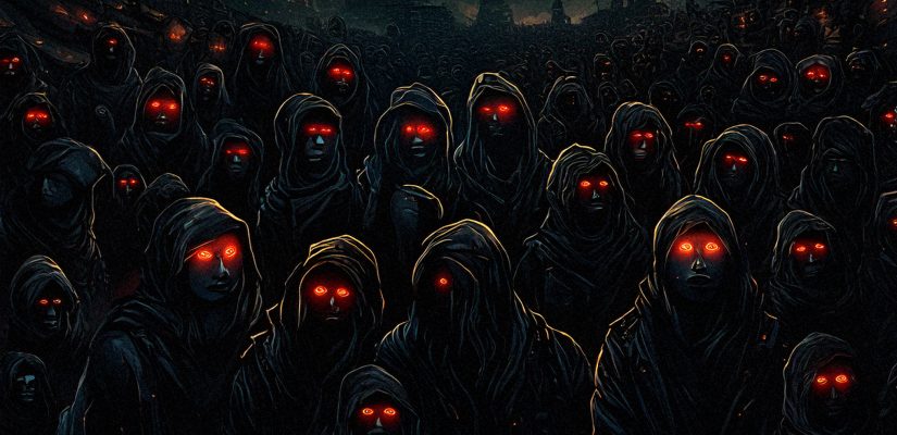 A crowd of dark people with red glowing eyes are climb on the wall fantasy art (сгенерировано Adobe Firefly AI)