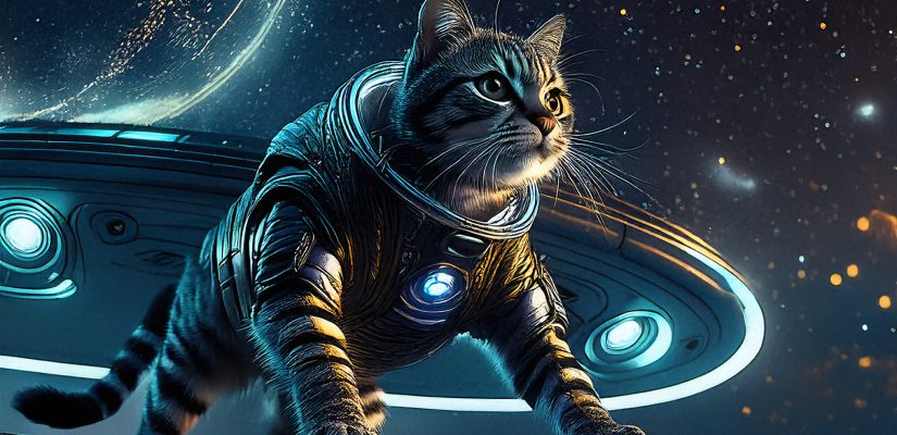 A cat with an exoskeleton costume gettiong out of alien UFO ship fantasy art (сгенерировано Adobe Firefly AI)