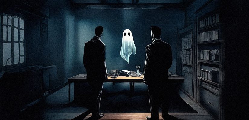 Detective and his partner are standing in a dark room and looking at a ghost fantasy art (сгенерировано Adobe Firefly AI)