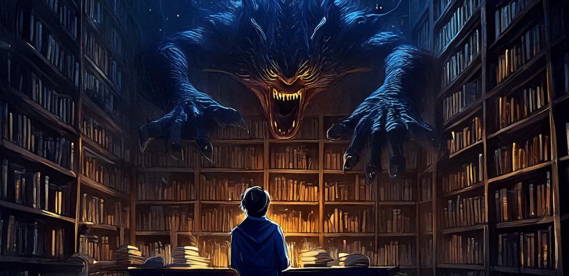 A man see monsters in the library fantasy art (сгенерировано Adobe Firefly AI)