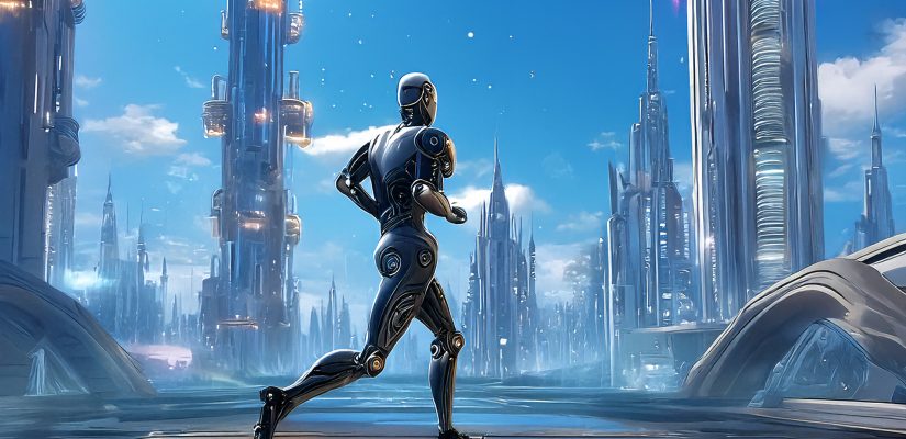 A man running through the future city with robots fantasy art (сгенерировано Adobe Firefly AI)