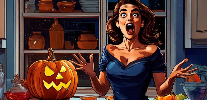 Женщина испугана стоит на кухне, на подоконнике лежит тыква Jack-o-Lantern, американский поп арт, digital art (сгенерировано Adobe Firefly AI)