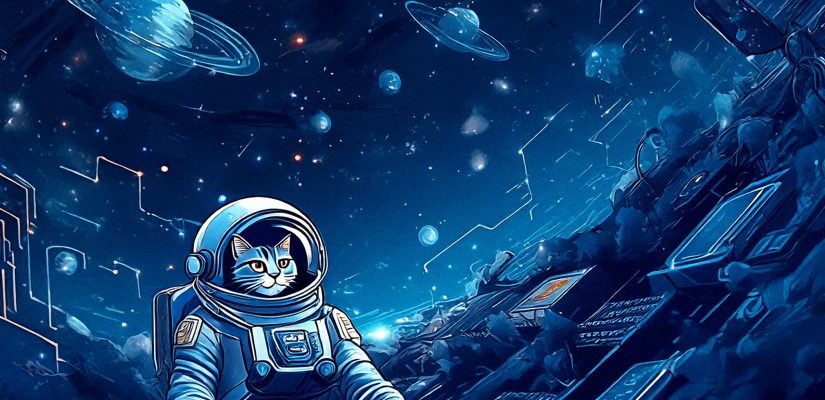 Космическое пространство, компьютерные сети, космический корабль, кот в скафандре в космосе, digital painting (сгенерировано Adobe Firefly AI)
