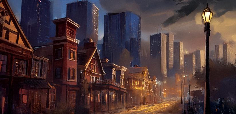 Современный город превращается в старинное поселение викторианской эпохи, digital painting (сгенерировано Adobe Firefly AI)