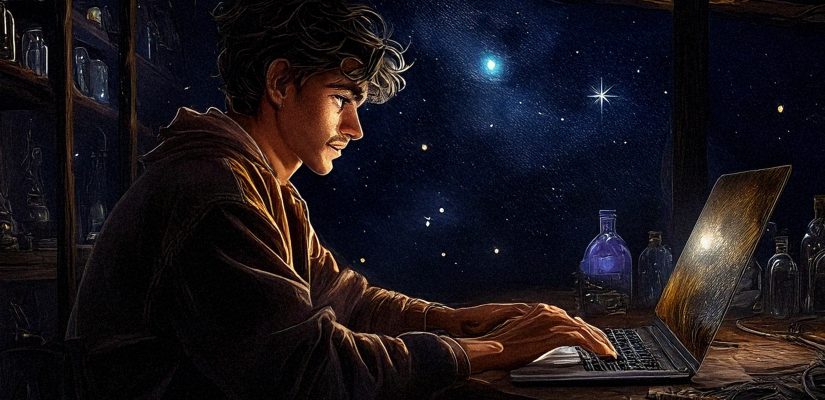 Грязный подвал, молодой белый мужчина ученый взаимодействует с ноутбуком, вокруг рождается вселенная, digital painting (сгенерировано Adobe Firefly AI)