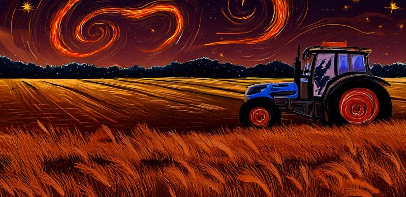 Ночь, поле, трактор, огненный змей кружит вокруг, digital painting (сгенерировано Adobe Firefly AI)
