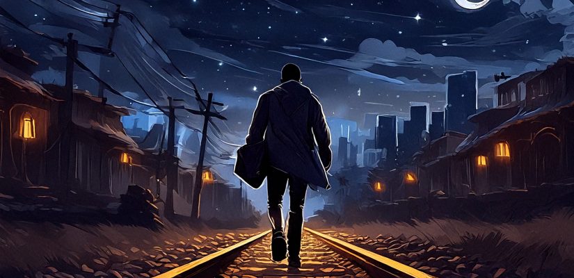 Ночь, человек идет по железнодорожным путям, digital painting (сгенерировано Adobe Firefly AI)