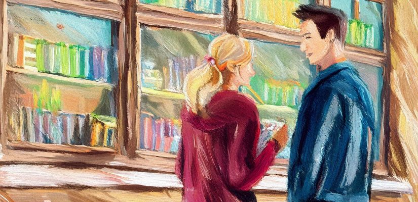 Санкт-Петербург. Молодой мужчина и женщина стоят у витрины книжного магазина. Digital painting (сгенерировано Adobe Firefly AI)