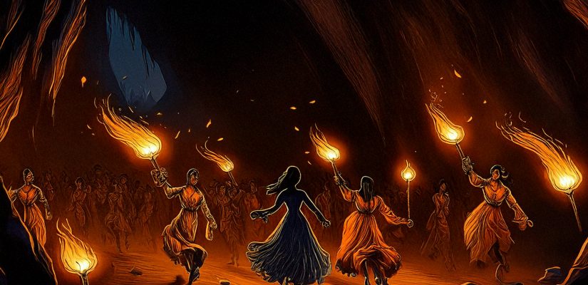 Толпа людей с факелами бежит по темной пещере за женщиной, digital painting (сгенерировано Adobe Firefly AI)