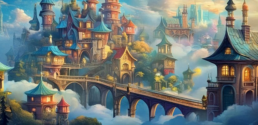 Сказочный город в облаках с паращими мостами и разнообразными крышами. Digital painting (сгенерировано Adobe Firefly AI)