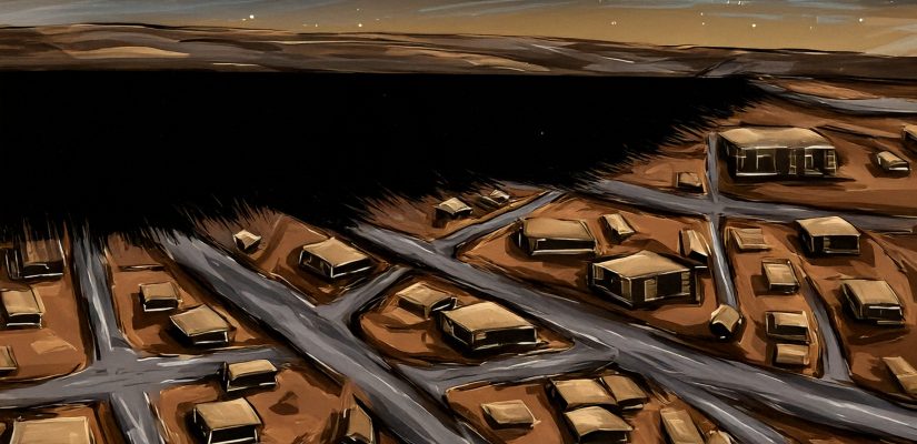 Пустынный пейзаж. Ветер несет песок в черный разлом на краю земли. В пролом обрушаются дома, дороги и трубы. Digital painting (сгенерировано Adobe Firefly AI)