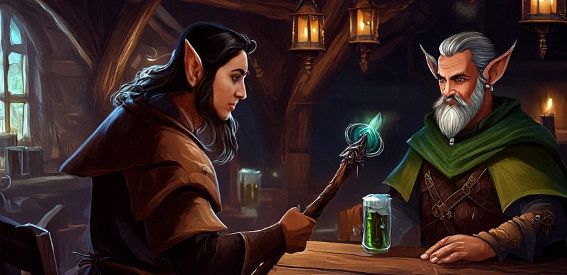 Эльф и маг в средневековой таверне. Классическая книжная иллюстрация. Digital painting (сгенерировано Adobe Firefly AI)