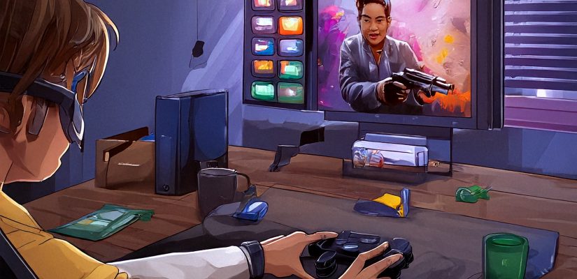 Computer game first person shooter in the office digital paint (сгенерировано Adobe Firefly AI)