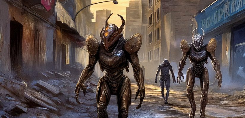 Ruins of the modern city. Two insectoid aliens in a full armor are walking throgh the street. Humans are hiding behind the wall. Digital painting (сгенерировано Adobe Firefly AI)