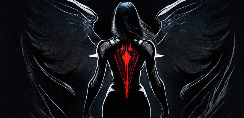 Темный силуэт девушки, в руке острый металл, по рукам стекает темная красная жидкость. Перед ней автомобиль, с ярко сияющими фарами. Свет фар складывается в рисунок крыльев. Digital painting (сгенерировано Adobe Firefly AI)