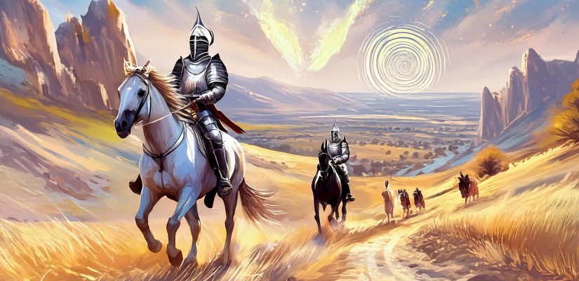 Средневековые рыцари на конях едут через скалы к долине с магическими кругами на полях. Digital painting (сгенерировано Adobe Firefly AI)