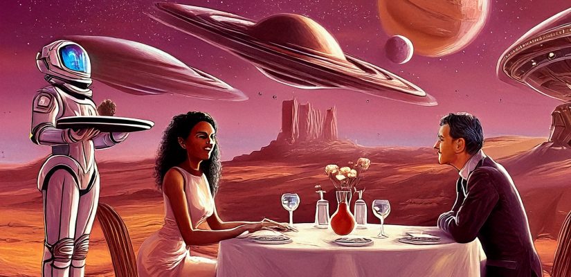 Внеземной пейзаж, ресторан в небольшом космическом поселении, немолодой мужчина в костюме за столиком беседует с красивой женщиной, рядом официант с подносом, digital painting (сгенерировано Adobe Firefly AI)