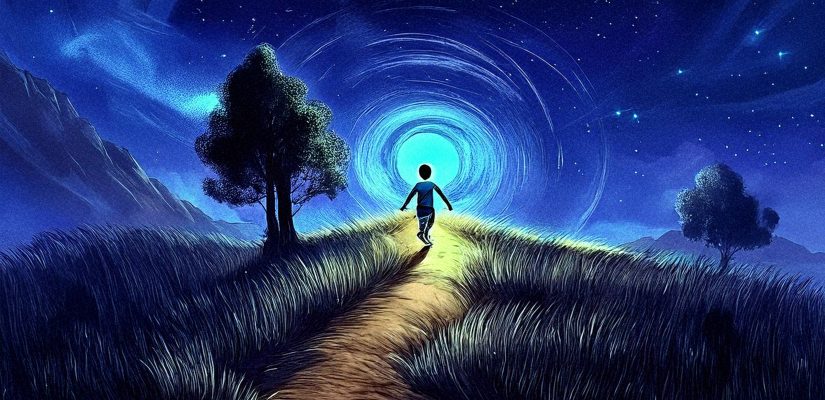 Темная ночь. Полу. Мальчик бежит по извилистой тропинке к светящемуся порталу в виде глаза на высоком холме. Digital painting (сгенерировано Adobe Firefly AI)