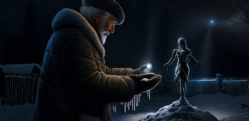 Ночь, светят прожекторы, вокруг забор и колючая проволока, старый человек в телогрейке ваяет из снега скульптуру женщины, из ладони капает кровь, digital painting (сгенерировано Adobe Firefly AI)