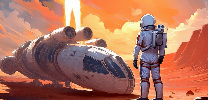 An astronaut standing on the lost planet near crashed spaseship digital painting (сгенерировано Adobe Firefly AI)