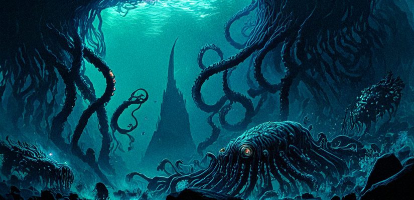Глубинная океанская впадина. Длинные щупальца тянутся к поверхности воды мимо иноапланетных морских существ. Digital painting (сгенерировано Adobe Firefly AI)
