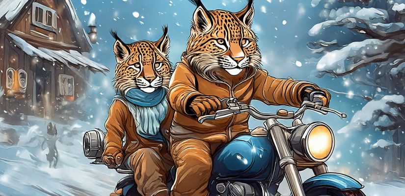 Рысь и леопард едут на мотоцикле по заснеженной деревне, digital painting (сгенерировано Adobe Firefly AI)