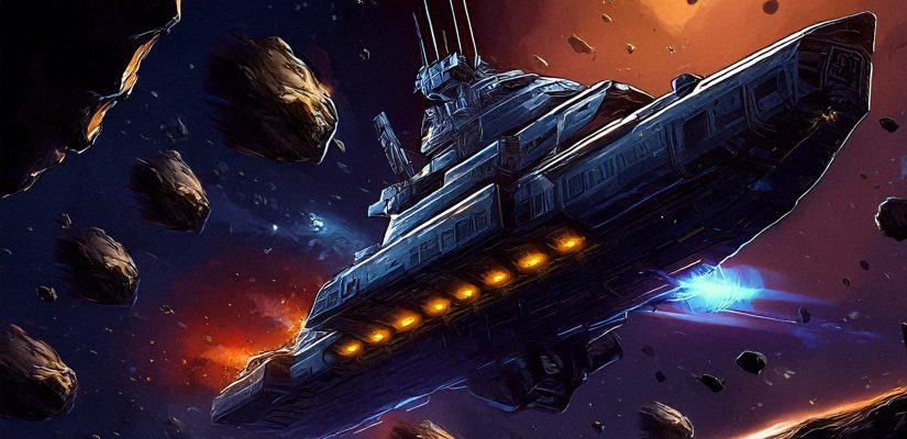 Spaceship attacked by the extraterrastrian battleship in the space full of asteroids digital painting (сгенерировано Adobe Firefly AI)