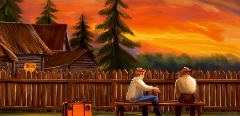 Деревня, вечер, два мужика сидят на лавочке у забора и разговаривают, рядом стоят чемоданы, digital painting (сгенерировано Adobe Firefly AI)