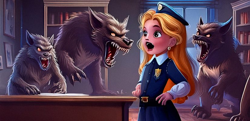 Маленькая светловолосая девочка-вампир в полицейской форме кричит на огромных оборотней в кабинете полицейского участка. Digital painting (сгенерировано Adobe Firefly AI)