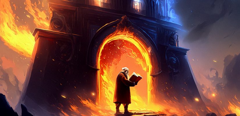 Ночь, сторожка, огненный портал, старый мужчина роняет книгу в разрыв пространства между измерениями, digital painting (сгенерировано Adobe Firefly AI)