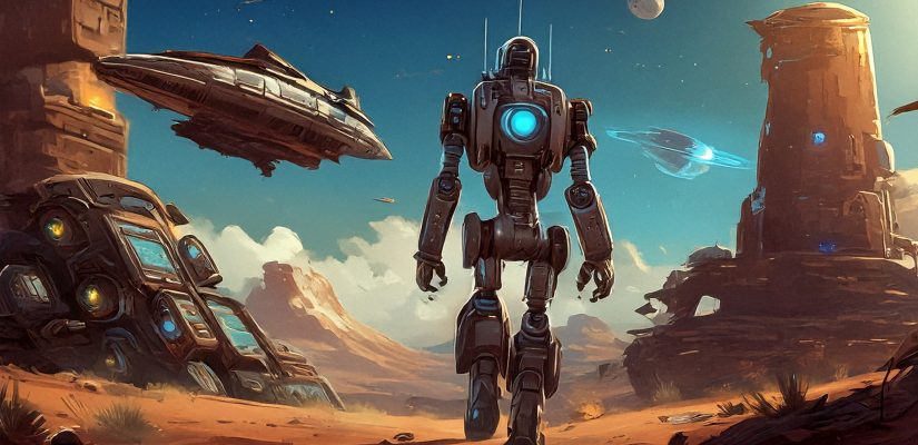 ржавый робот идет по пустыне, в небе летит космический корабль, digital paitnig (сгенерировано Adobe Firefly AI)