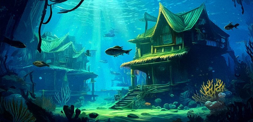 Подводный мир, дома на дне, люди с жабрами возле телеги идут по дну. Digital painting (сгенерировано Adobe Firefly AI)