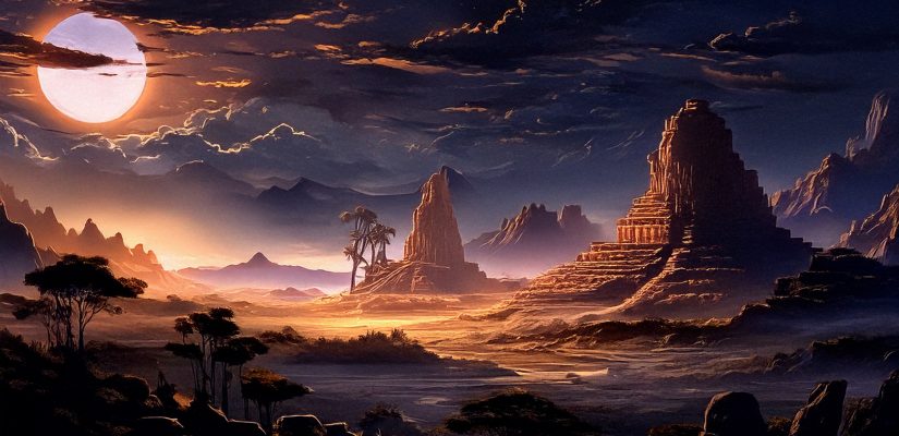 Древние ландшафты Южной Америки, темная ночь, катаклизм. Digital painting (сгенерировано Adobe Firefly AI)