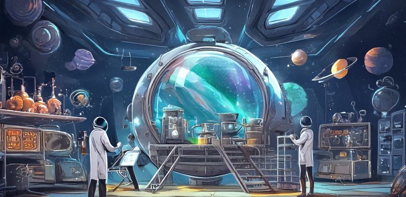 Огромная научная лаборатория, большая емкость с космическим веществом, мужчина и женщина настраивают оборудование. Digital painting (сгенерировано Adobe Firefly AI)