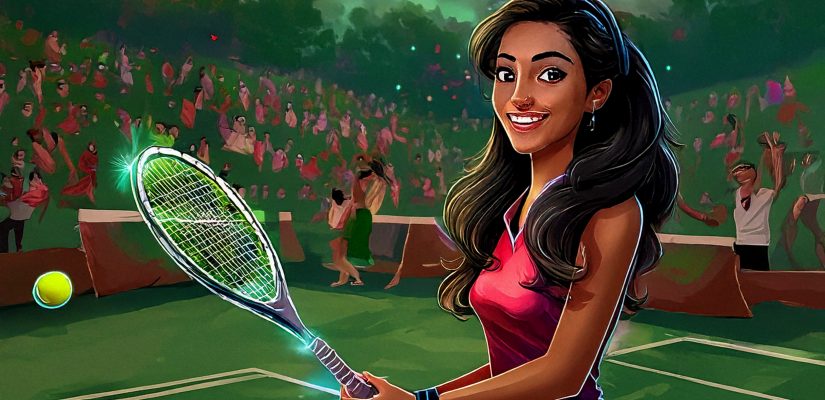 Девушка играет в теннис на корте перед заполненными людьми трибунами. Digital painting (сгенерировано Adobe Firefly AI)