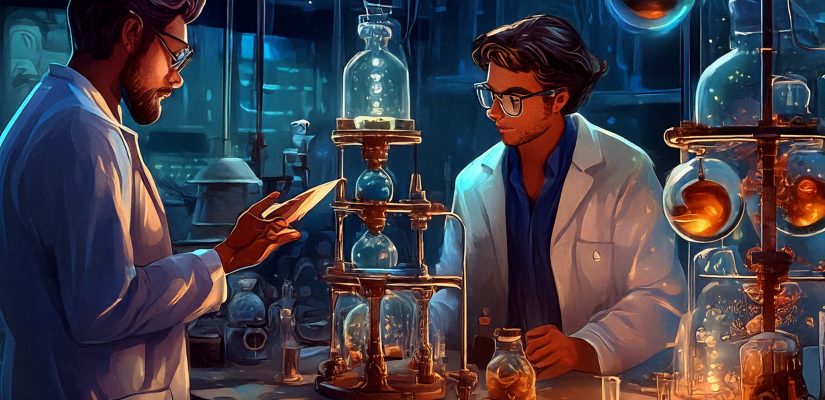 Ученый мужчина и мужчина стоят в лаборатории и рассматривают научный прибор. Digital painting (сгенерировано Adobe Firefly AI)