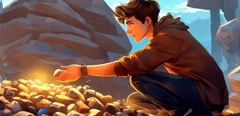 Молодой человек ищет в большой куче камней сияющий камень. Digital painting (сгенерировано Adobe Firefly AI)