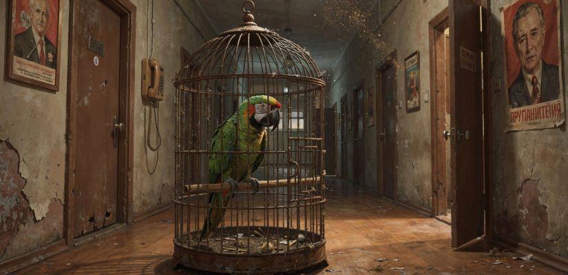 Цифровая иллюстрация в стиле магического реализма и советского быта 1980-х. Длинный, полутемный коридор ленинградской коммунальной квартиры с высокими потолками и множеством дверей по обе стороны. На стене висит единственный телефонный аппарат и несколько постеров в рамках, включая один большой портрет, висящий отдельно. В центре композиции, на переднем плане, стоит старая, обшарпанная клетка с зеленым попугаем амазоном (Керзоном), который смотрит на зрителя тревожным, почти человеческим взглядом. Его клюв поврежден. Рядом с клеткой, на полу, лежит тень, напоминающая женский силуэт, или виднеется приоткрытая дверь с табличкой «Первая правая». Освещение тусклое, от единственной лампочки под потолком, создающее глубокие тени и ощущение затаившейся угрозы. В воздухе висит пыль. Атмосфера: ностальгическая, тревожная, с ноткой сюрреализма, как в кадре из фильма-катастрофы о советской жизни. (сгенерировано FLUX)