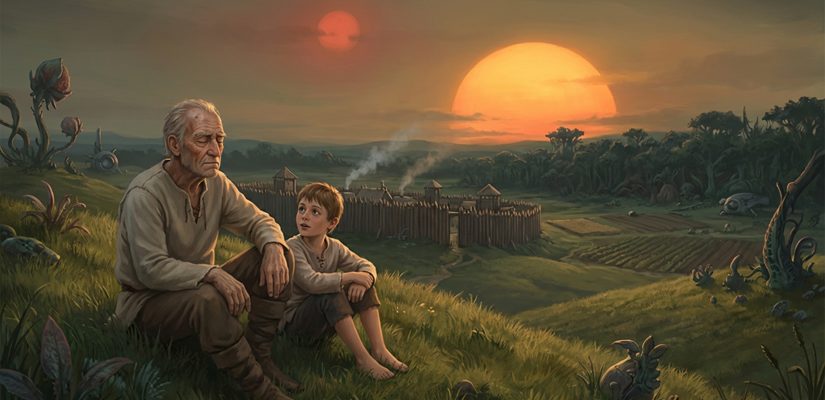Цифровая живопись в стиле научно-фантастической пасторали. Панорамный вид на инопланетный пейзаж под странным небом с двумя солнцами: большое теплое «Золотое Око» низко над горизонтом и меньшее тусклое «Кровавое Око», отбрасывающее слабый красноватый оттенок. На травянистом холме сидит пожилой мужчина с обветренным лицом, в простой одежде колониста, с закрытыми глазами — он внимательно слушает. Рядом с ним сидит босоногий мальчик в домотканой рубахе, с любопытством глядящий на старика. Вдалеке виднеется небольшое укрепленное поселение с деревянным частоколом, за ним — поля и темный инопланетный лес. Атмосфера умиротворенная, но с ноткой скрытой угрозы, подчеркивающая контраст между тихой мудростью старика и опасностями этого мира. Стиль: детализированный, атмосферный, в духе работ Саймона Столенхага. (сгенерировано Google Gemini with Nano Banana Pro)