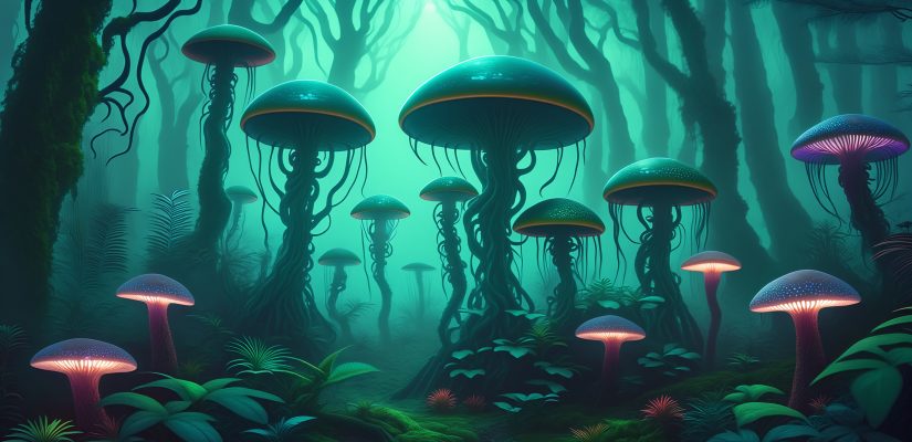 Сюрреалистичный инопланетный лес, светящиеся грибы и растения-гуманоиды со щупальцами, туманная и влажная атмосфера, приглушенный зеленый и бирюзовый свет, странное эхо, фэнтези-пейзаж, цифровая живопись, атмосферно (сгенерировано Adobe Firefly AI)