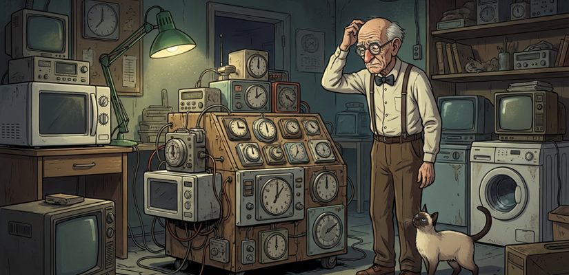 Цифровая иллюстрация в стиле ретро-футуризма и бытового сюрреализма. Захламленная лаборатория, напоминающая склад старой электроники и советского барахла. Повсюду опутанные проводами микроволновки, допотопные мониторы, сушилки и пыльные стеллажи. В центре композиции — странный, обшарпанный агрегат с десятками встроенных механических таймеров и временных реле на торцевых стенках (прототип "хронохода"). Рядом с агрегатом стоит тощий, лысеющий и чудаковатый мужчина в очках (Рабинович), который с задумчивым видом чешет залысину. У его ног трётся сиамский кот (Абраша). Атмосфера таинственности, иронии и "кустарной" научной фантастики. Освещение тусклое, от настольной лампы с зеленым абажуром, создающее глубокие тени. (сгенерировано Google Gemini with Nano Banana Pro)